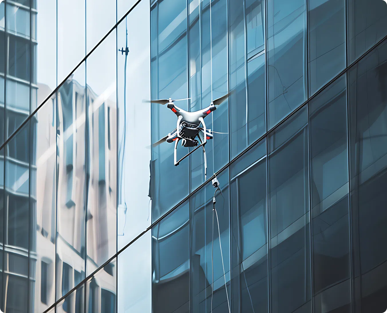 A drone, used for window cleaning, hovers near a high-rise glass building, with reflections of surrounding structures visible in the windows.